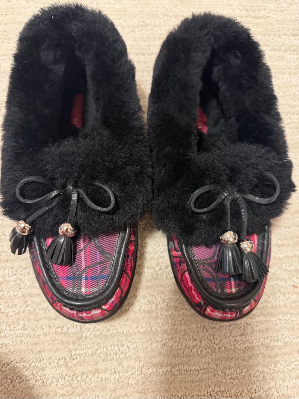 Coach Black Faux-Fur Moccasin Slippers with Pink Plaid Vamps